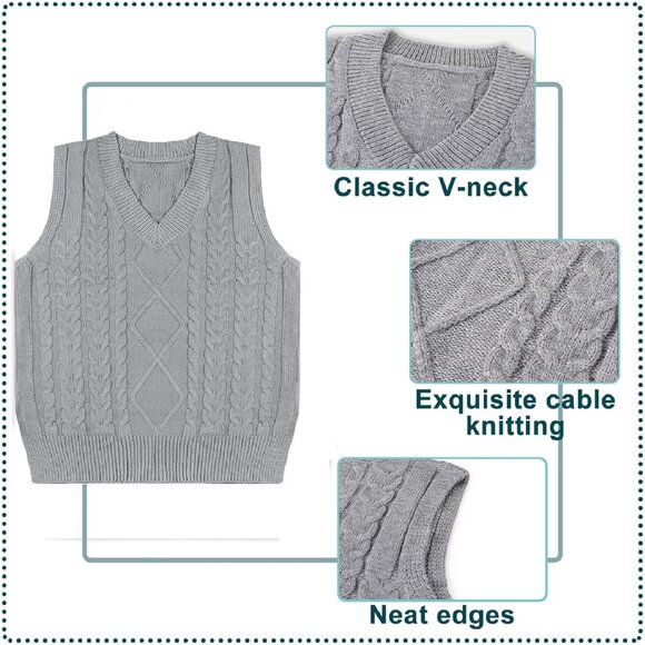 Womens V Neck Oversized Cable Knit Light Grey Sweater Vest Sleeveless Pullover - Picture 3 of 7
